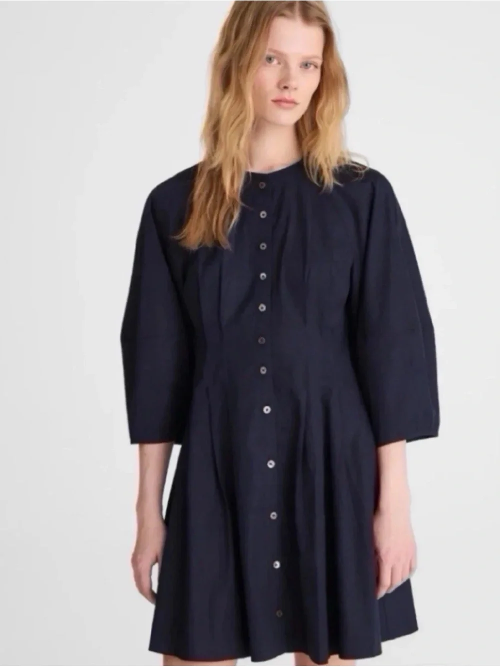 Madewell Sculptural-Sleeve Pleated Mini Dress‎ Navy Blue 8 NEW Dark Academia